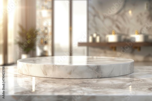 Marble podium for bathing product display on blurred bathroom background - generative ai