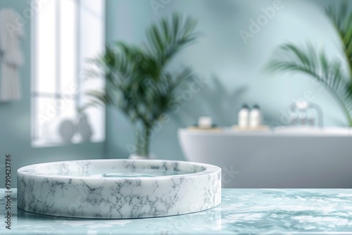 Marble podium for bathing product display on blurred bathroom background - generative ai © Nia™