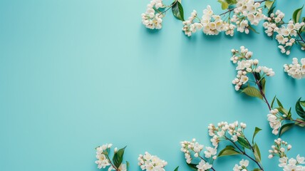 White flowers and green leaves arranged on blue background