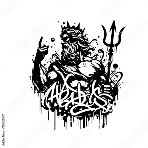 poseidon; deity mythology silhouette, deity in graffiti tag, hip hop, street art typography illustration.