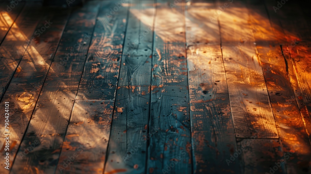 Naklejka premium Sunlight casting warm hues on textured wooden flooring with shadows