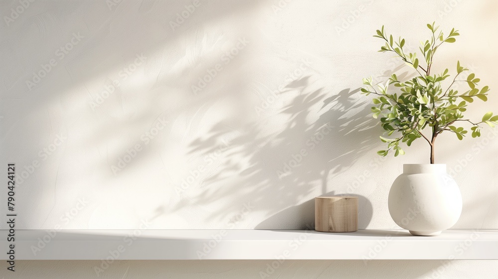 Potted plant in vase with wooden decoration on shelf shadow pattern wall Potted plant in vase with wooden decoration on shelf shadow pattern wall