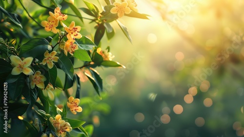 Sunlight streaming through blooming flowers on tree