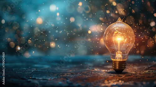 Glowing light bulb on wet surface with bokeh lights in background
