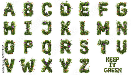 Grass and Flowers Alphabet - Natural Decorative Letters - Isolated - Transparent Background