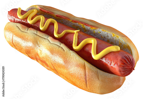 Hot dog sandwich with mustard and ketchup isolated on a transparent background. Concept of fast food, sausage, uhealthy foods photo