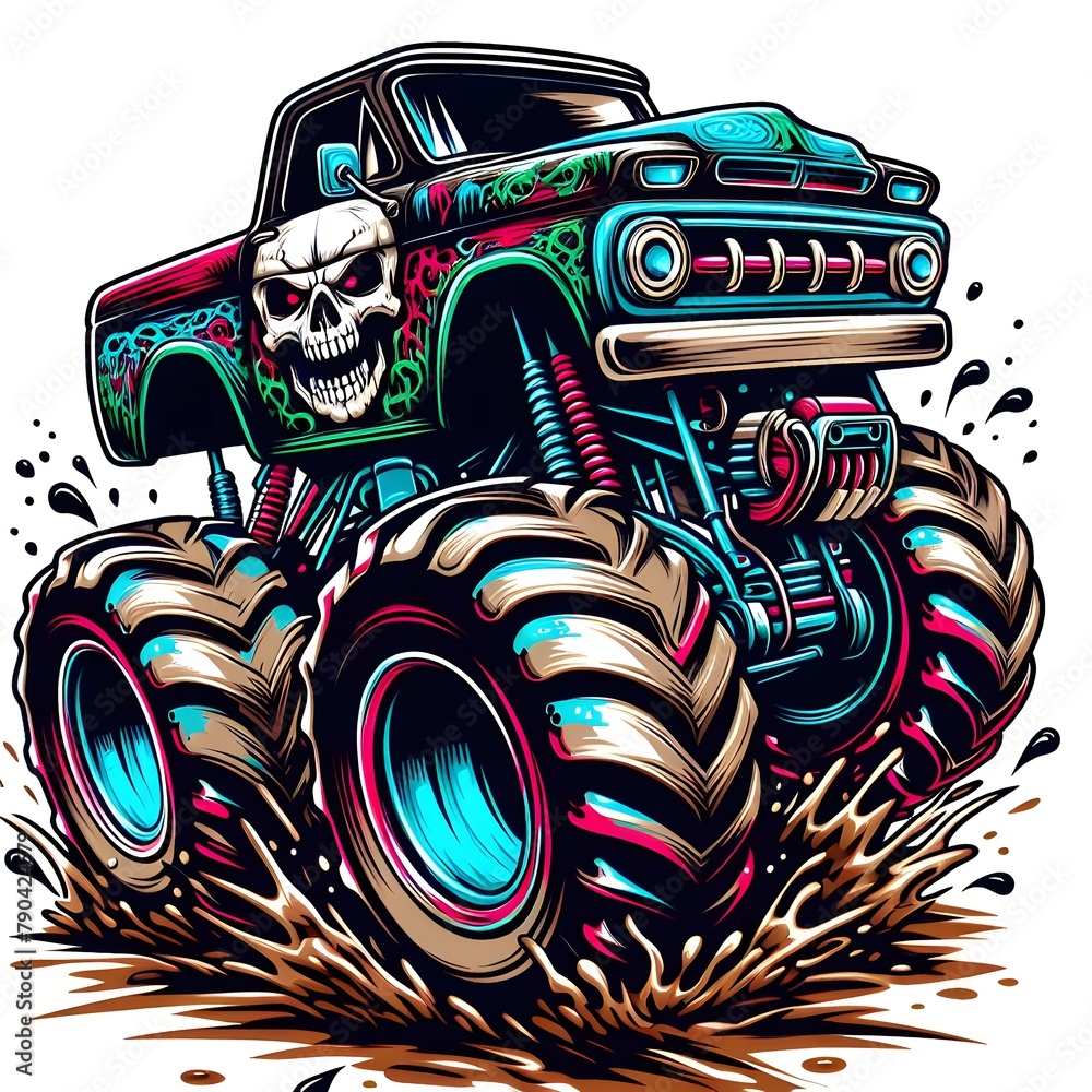 A colorful illustration of a monster truck with a skull design on the hood, riding on big tires and splashing through the mud A colorful illustration of a monster truck with a skull design on the hood, riding on big tires and splashing through the mud