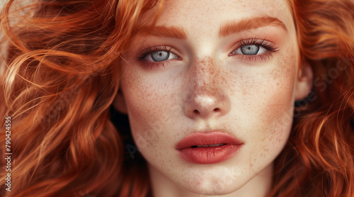 Headshot of a beautiful  sensual female fashion model with loosely coifed red hair. Full lips and an immaculate complexion. Skin care and cosmetics