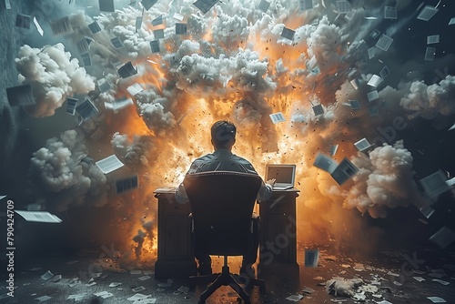 The back view of a man at a desk in the midst of an explosive chaos, conveying intense work pressure photo