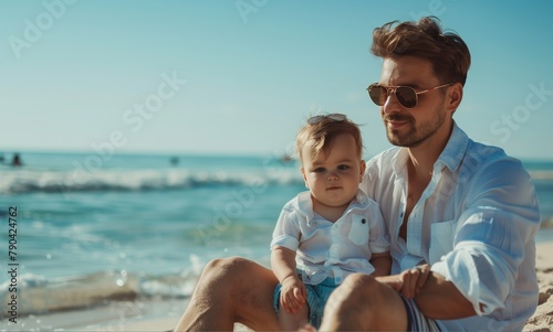 father's day. Dad and baby son playing together outdoors on a summer beach photo