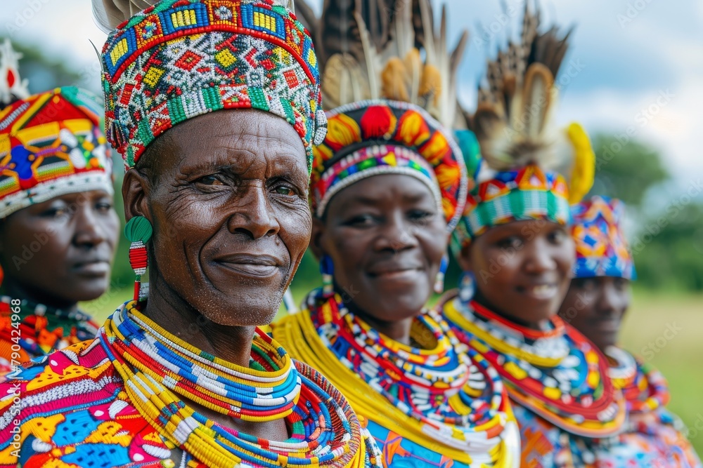 A group of African women wear vibrant, traditional clothes and headdresses, showcasing cultural heritage