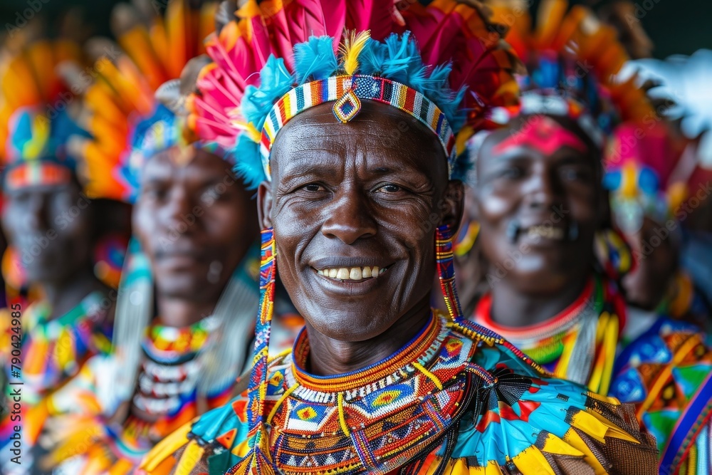 Smiling African man in elaborate ceremonial garb with others blurred in the background