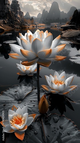 An illustration of lotus blossoms in a pond with gold accents. 