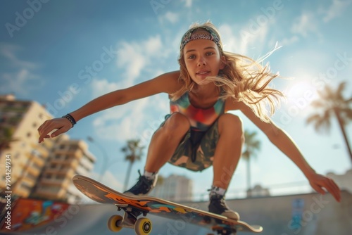 Female skateboarder - the fearless women carving their mark in the world of skateboarding, breaking stereotypes with every kickflip and grind.
