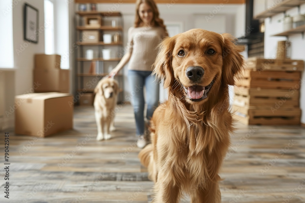 Friendly golden retriever dog with a smiling owner in the background of their new home