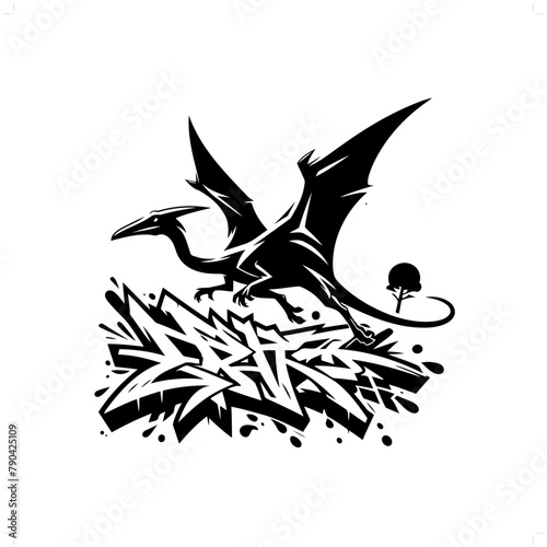 Pteranodon silhouette, people in graffiti tag, hip hop, street art typography illustration.