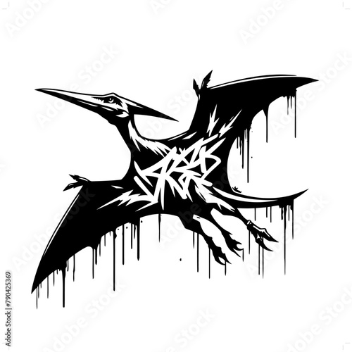 Pteranodon silhouette, people in graffiti tag, hip hop, street art typography illustration.