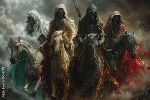 Apocalyptic quartet: 4 horsemen of the apocalypse - the mythical figures symbolizing conquest, war, famine, and death, heralding cataclysmic events. photo