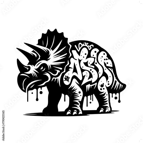 Triceratops silhouette, people in graffiti tag, hip hop, street art typography illustration. © orion