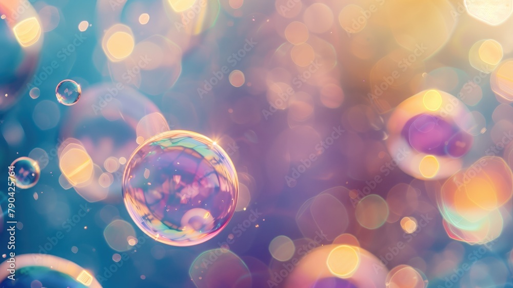 Colorful soap bubbles floating with bokeh effect