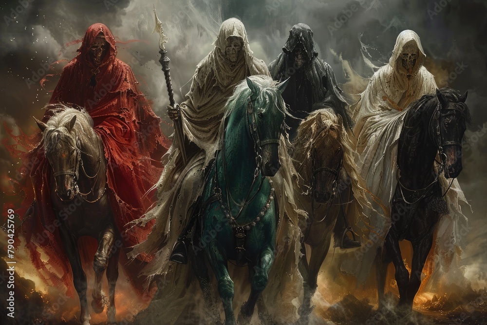 Apocalyptic quartet: 4 horsemen of the apocalypse - the mythical figures symbolizing conquest, war, famine, and death, heralding cataclysmic events. - obrazy, fototapety, plakaty 