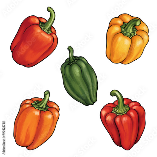 Colorful bell pepper set, red, orange, yellow, and green capsicum, fresh ingredient for healthy cooking on transparent background.