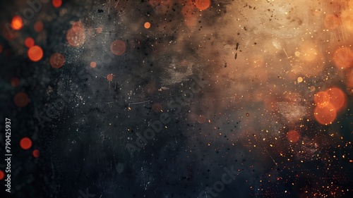 Abstract background of orange sparks and dark smoke on blurred photo