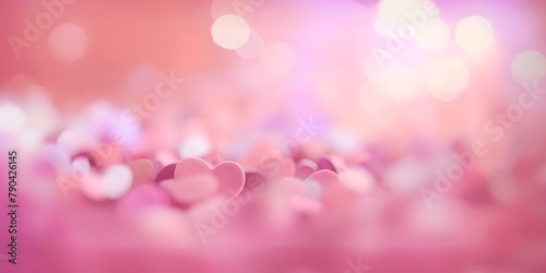 Pink Heart-Shaped Confetti with Bokeh Lights on Pink and White Background