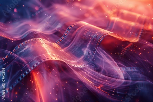 A close-up image displaying a wavy film strip surrounded by magical light effects and bokeh