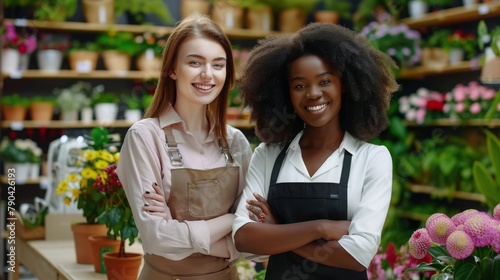 Portrait of mixed-races beautiful women florists standing in own floral shop and smiling to camera. Caucasian and African American females business partners working in flower store. Business concept