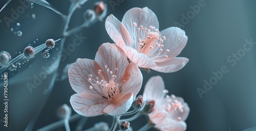 Translucent Pink Flowers with Droplets on Blue Background © monsifdx