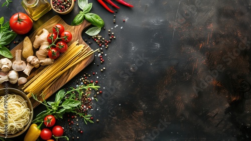 Assorted pasta and fresh vegetables on dark surface, ingredients for Italian cuisine