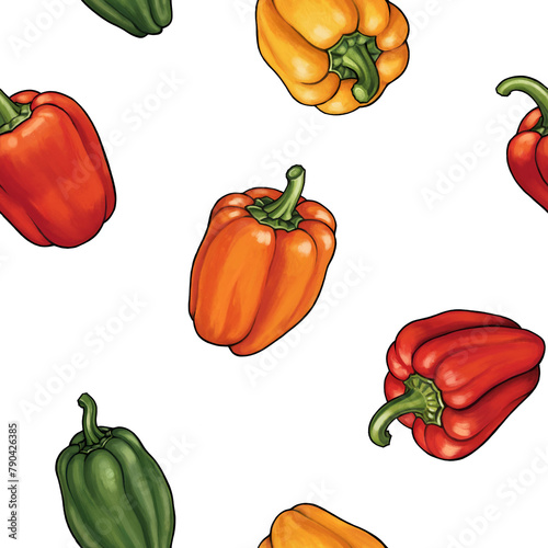 Seamless pattern of colorful bell peppers for food packaging, cooking blog, or kitchen design on transparent background.