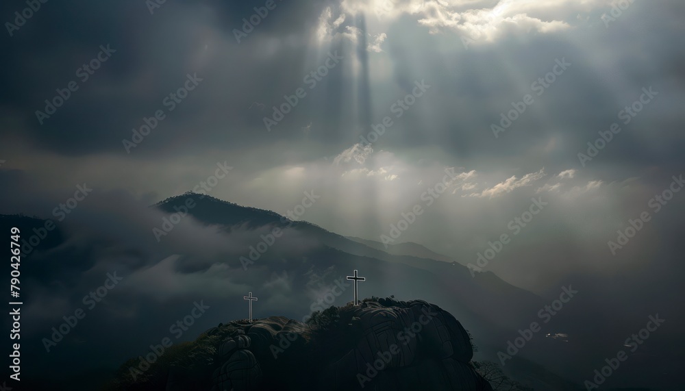 The Christianity themed on a background with dramatic at dawn, the spirit of preaching the Gospel throughout the world. A beautiful sea of clouds, dark clouds and sky and sunbeams The Christianity themed on a background with dramatic at dawn, the spirit of preaching the Gospel throughout the world. A beautiful sea of clouds, dark clouds and sky and sunbeams