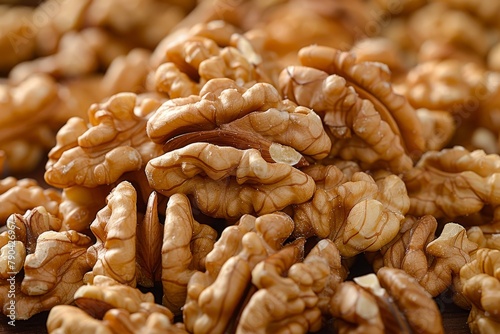 High-resolution photo capturing the textures and patterns of shelled walnuts grouped tightly together