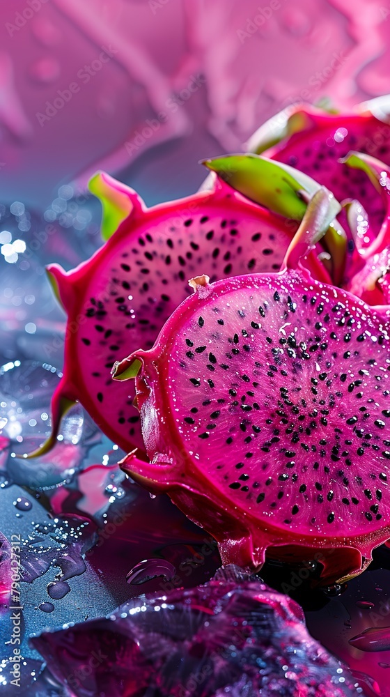 A close-up of cut ripe dragon fruit displayed with ice around it in a refreshing and delicious scene. Juicy dragon fruit with the freshness of ice in advertising photography. A close-up of cut ripe dragon fruit displayed with ice around it in a refreshing and delicious scene. Juicy dragon fruit with the freshness of ice in advertising photography.