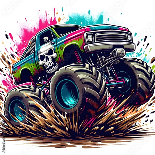 A colorful illustration of a monster truck with a skull design on the hood, riding on big tires and splashing through the mud