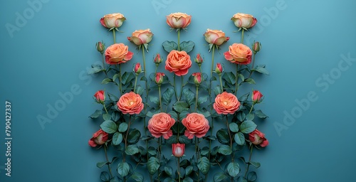 Arrangement of Peach-Colored Roses Against a Teal Background