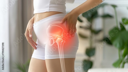 Hip pain, woman suffering from osteoarthritis at home, health problems concept photo