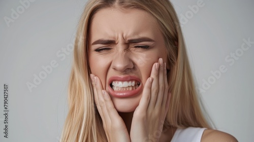 Teeth Problem. Woman Feeling Tooth Pain. Closeup Of Beautiful Sad Girl Suffering From Strong Tooth Pain. Attractive Female Feeling Painful Toothache. Dental Health And Care Concept. High Resolution