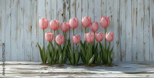 Pink Tulips and Green Leaves Before Weathered White Fence #790427526