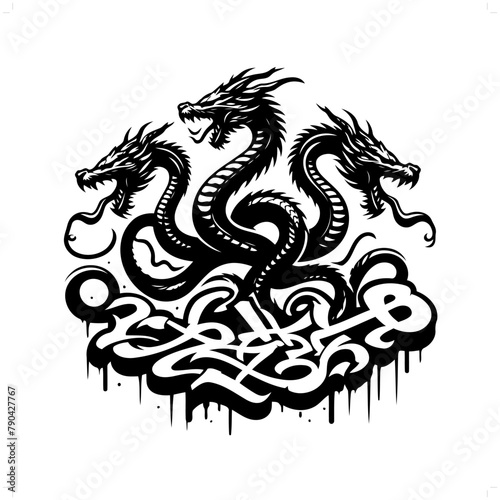 hydra dragon silhouette, people in graffiti tag, hip hop, street art typography illustration.