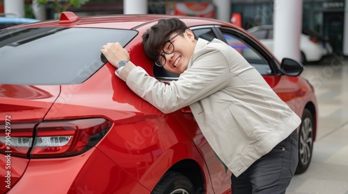 Excited young handsome Asian man getting the new car. He hugged his car and was very happy. Buy or rent car concept photo
