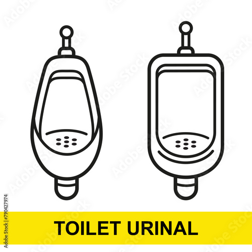 Urinal men toilet, male pissoir for urine, public WC restroom urinary bowl line icon. Wall lavatory pan for boy, gentleman urination. Bathroom hygiene sanitary equipment. Washroom water closet. Vector