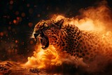 A fierce cheetah snarling amidst swirling flames and embers at twilight. Fiery Leap of a Wild Cheetah. Wild cheetah roaring amidst flames.