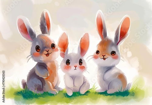 Cute bunnies: adorable bunny art featuring chubby cheeks, expressive eyes. Easter-themed content