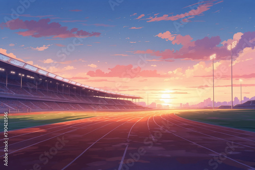 Running track at dusk sunset. Without people. In anime style photo