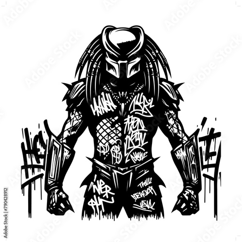 alien predator silhouette, horror character in graffiti tag, hip hop, street art typography illustration.