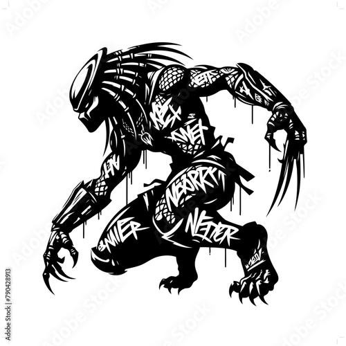 alien predator silhouette, horror character in graffiti tag, hip hop, street art typography illustration.