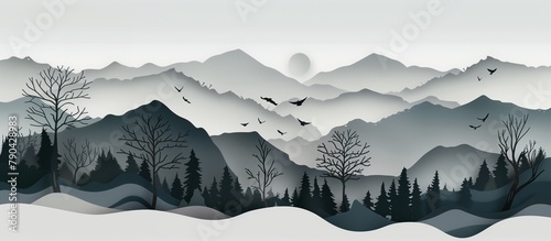 Design a paper cut background with a minimalist nature scene, netural background, tree, bird, mountain, silhouette, black and white. photo